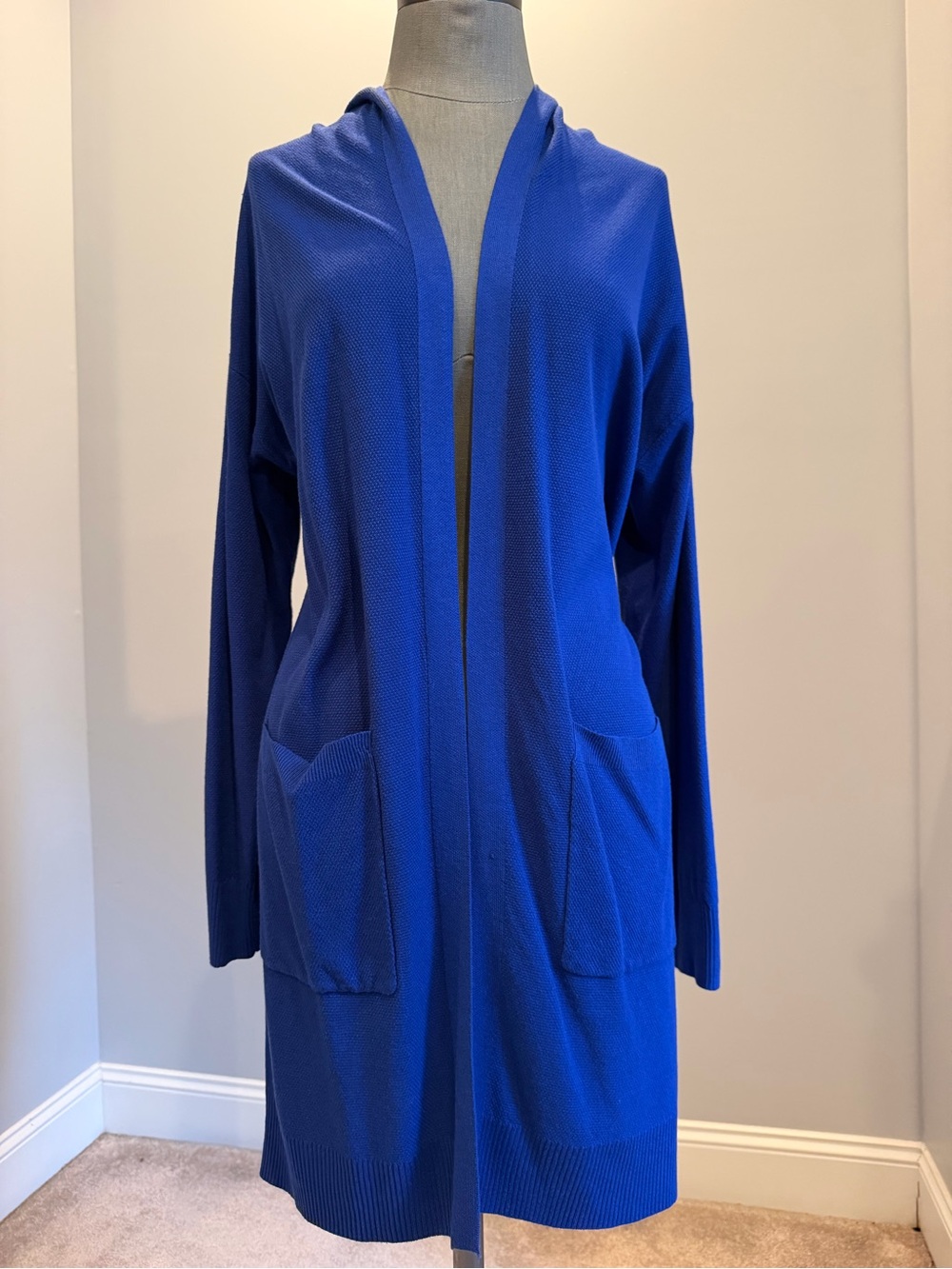 Open-Front Hooded Long Cardigan Sweater - Royal Blue